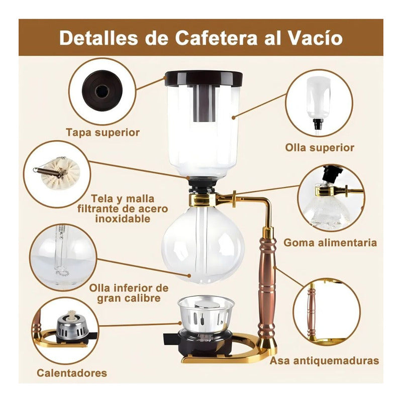 Cafetera Sifón De Vidrio Vintage Café Té Gourmet Infusión Plateado