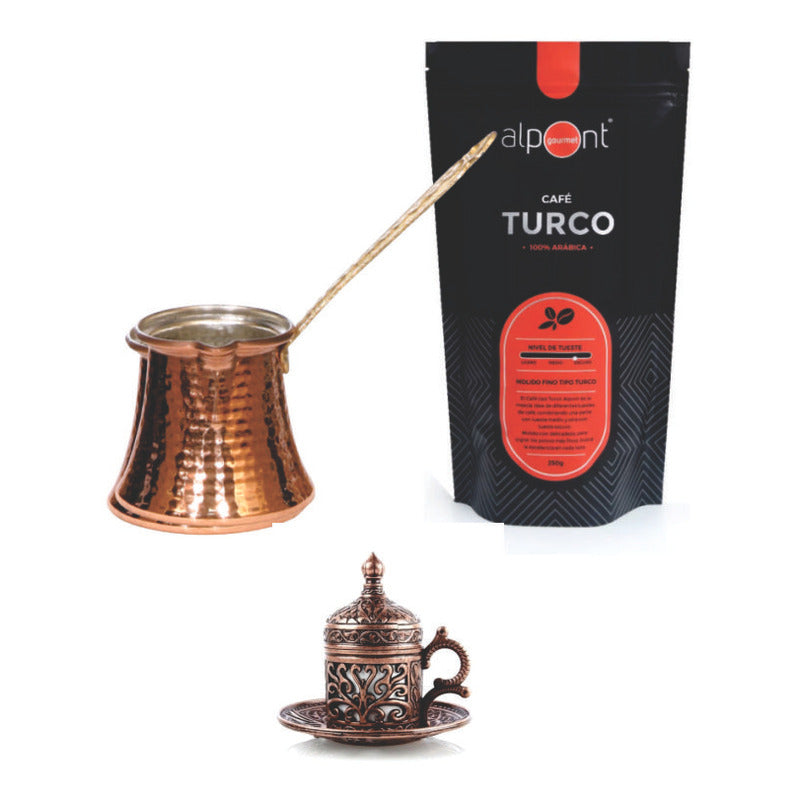 Cafetera Kit Cafe+ Pocillo + Taza Turca Arabe De Turquia Cobre