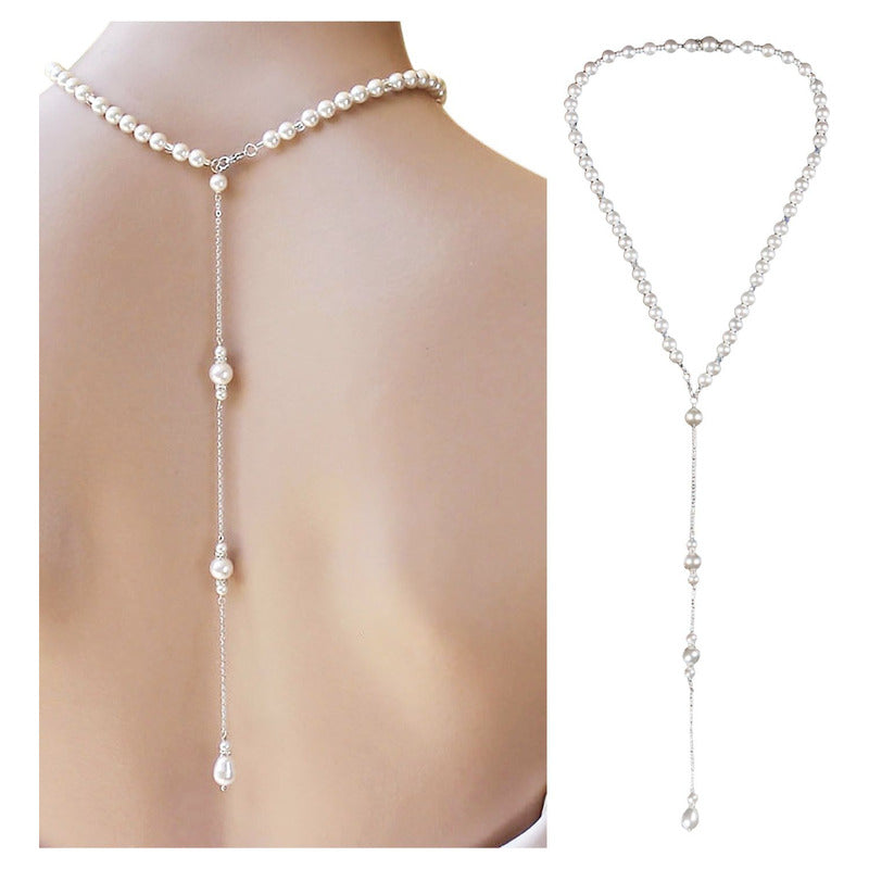Collar Joyeria Espalda Boda Fiesta Elegante Perlas
