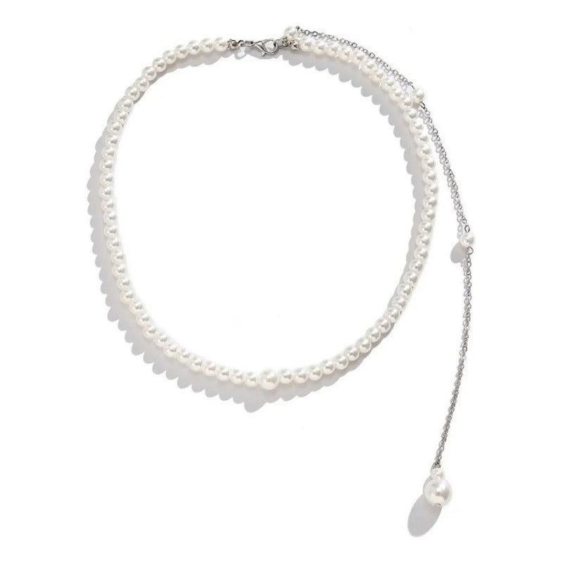 Collar Joyeria  Cadena Espalda Boda Fiesta Elegante Perlas Blanco
