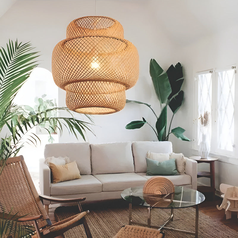 Lámpara Colgante Tulum Bambú Artesanal Moda Boho Decor Caqui