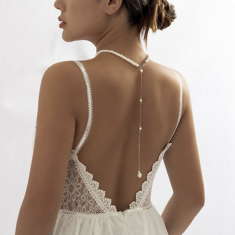 Collar Joyeria Espalda Boda Fiesta Elegante Perlas