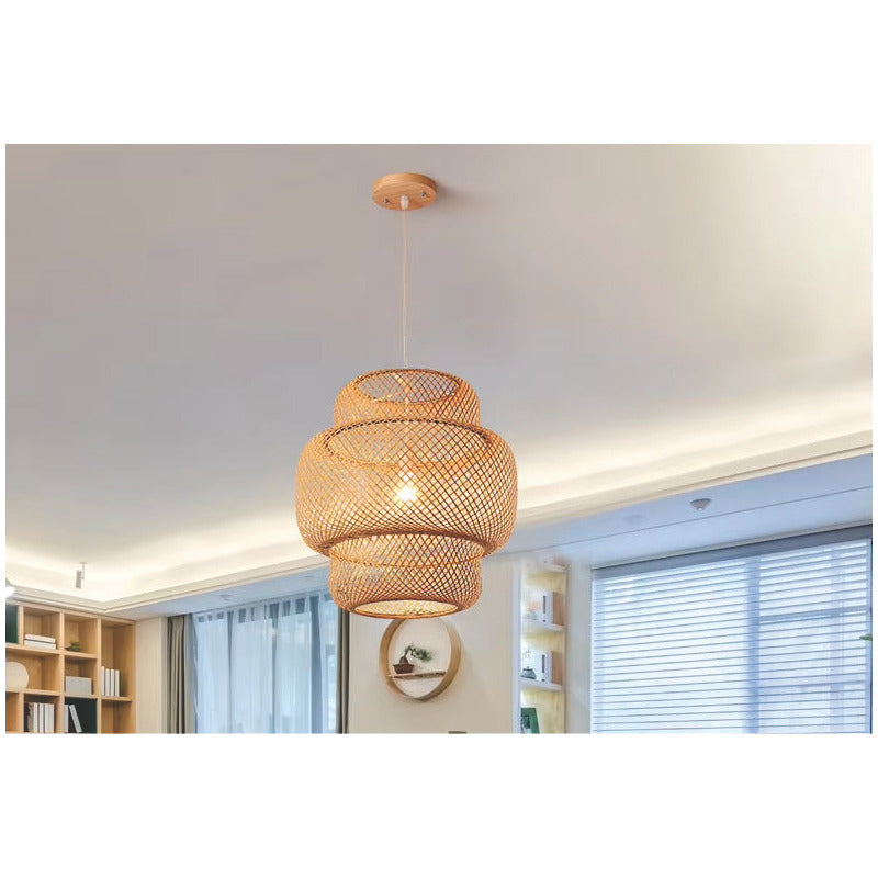 Lámpara Colgante Tulum Bambú Artesanal Moda Boho Decor Caqui