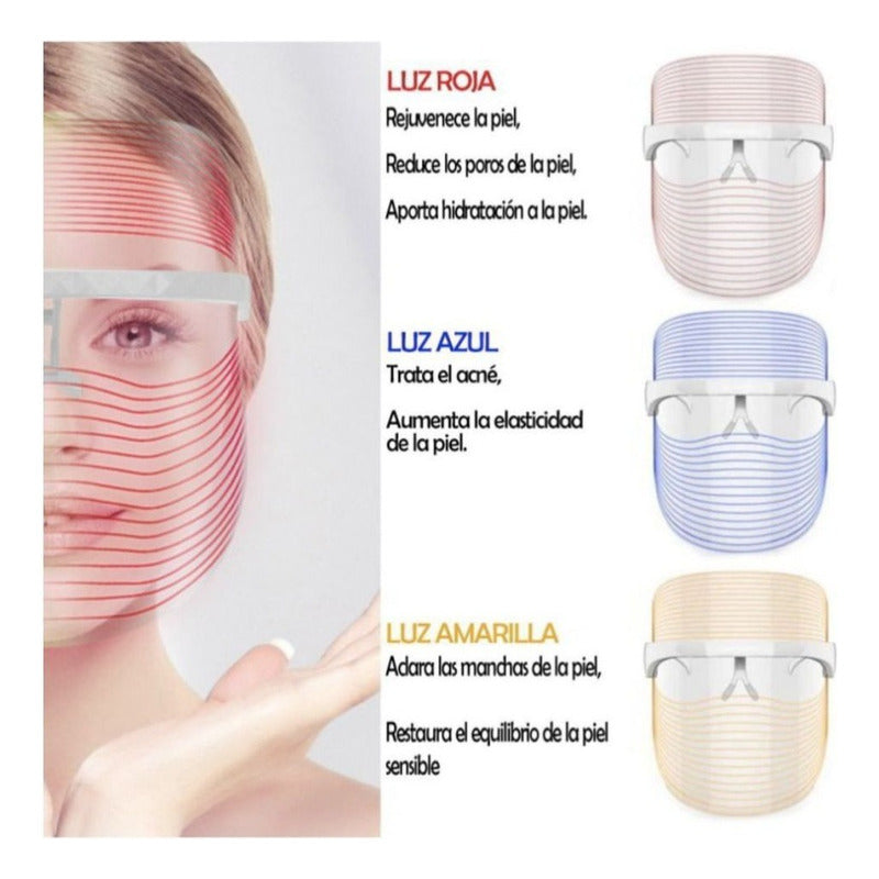 Máscara Led Facial Rejuvenecimiento 3 Colores Terapia Luz