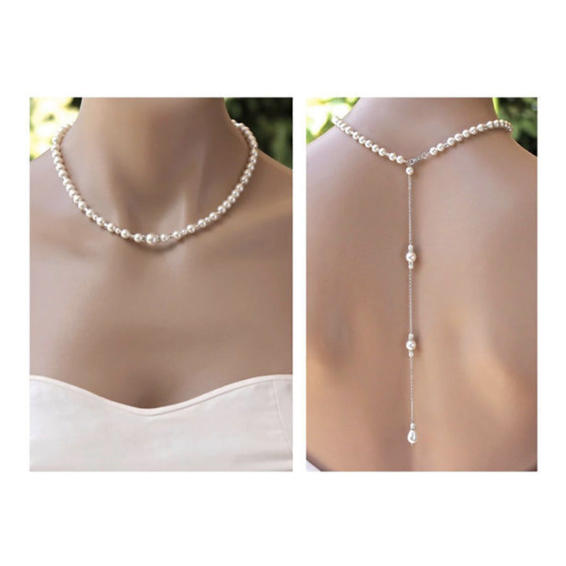 Collar Joyeria Espalda Boda Fiesta Elegante Perlas